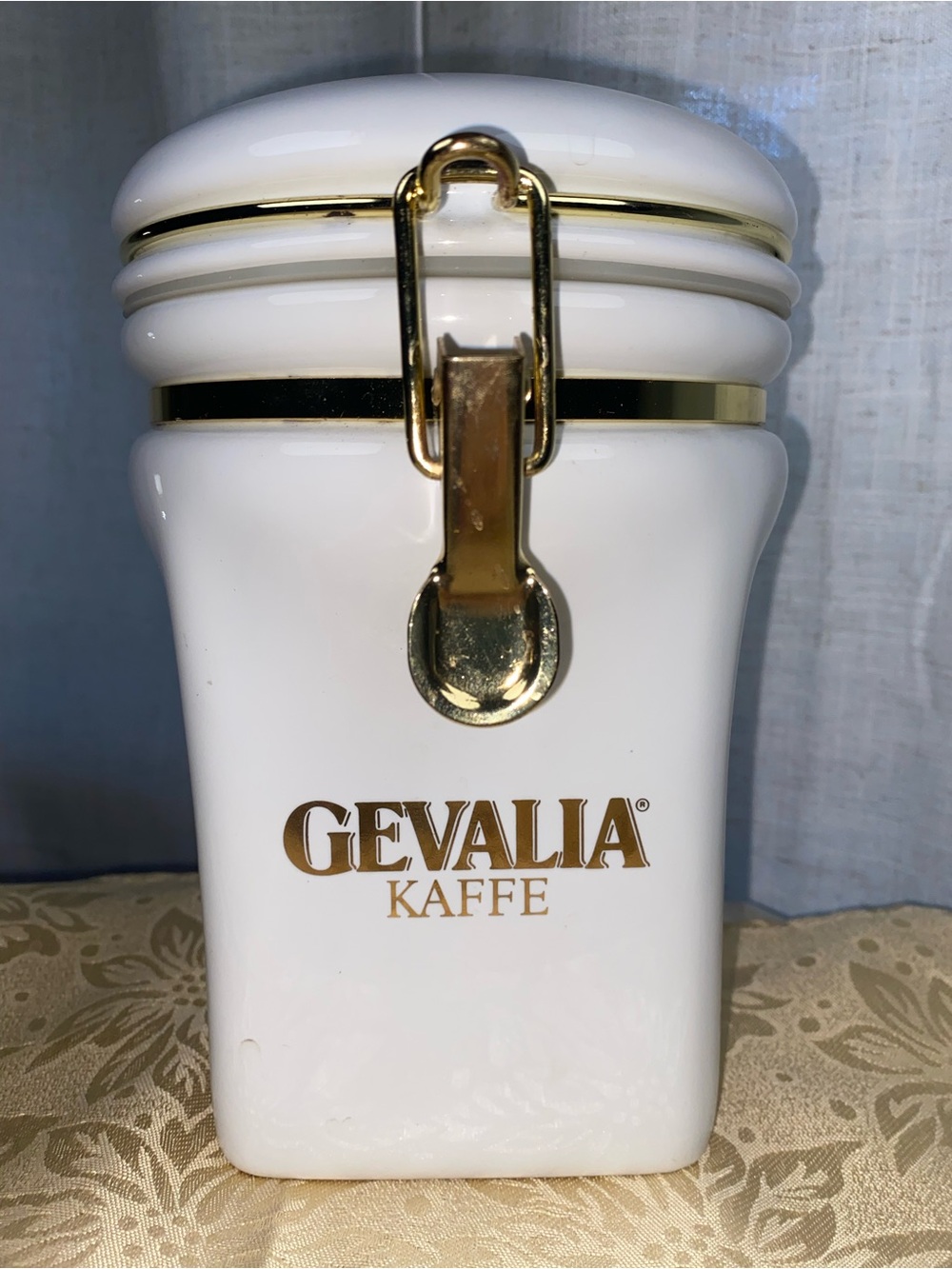 Gevalia Kaffe White and Gold Coffee Storage Canister